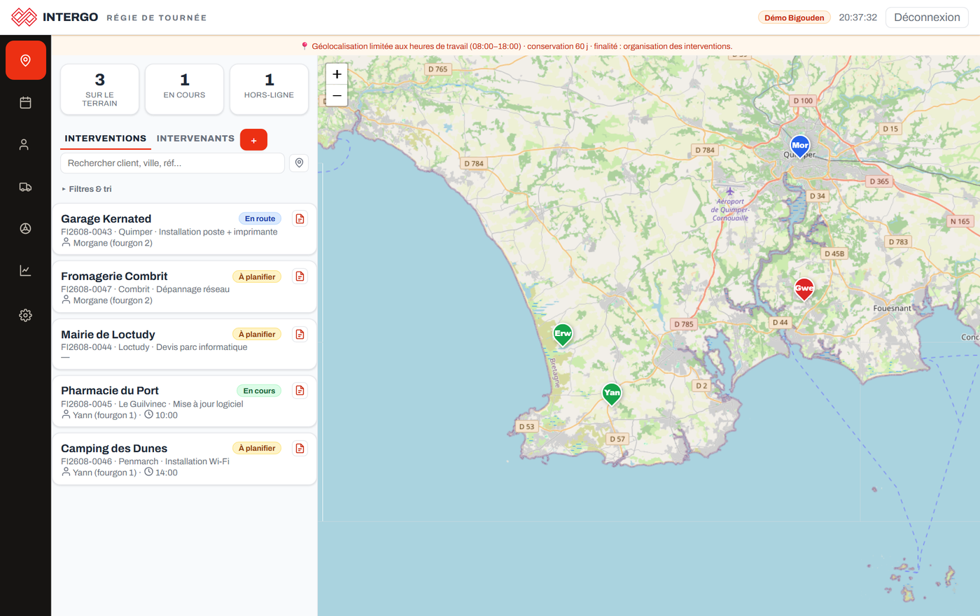 Dashboard INTERGO — supervision géolocalisée des intervenants en temps réel
